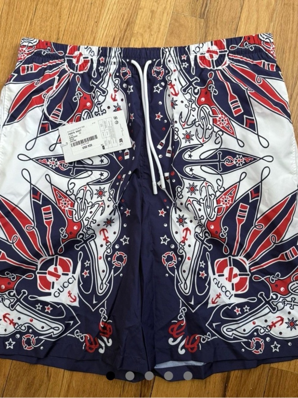 Gucci Men’s Navy, White & Red Graphic Swim Shorts